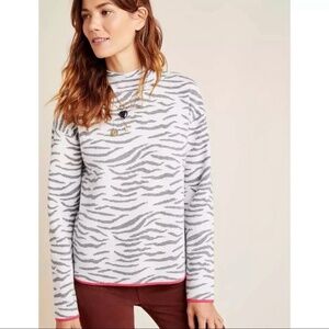 Anthropologie Lizzie Mock Neck Sweater Size L Zebra Print Pink Hem Accents